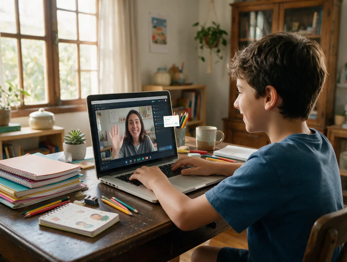 Adolescente em aula de inglês online