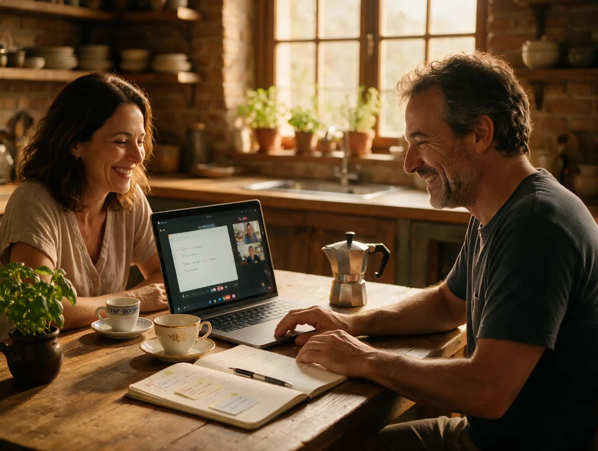 Casal em aula de italiano online