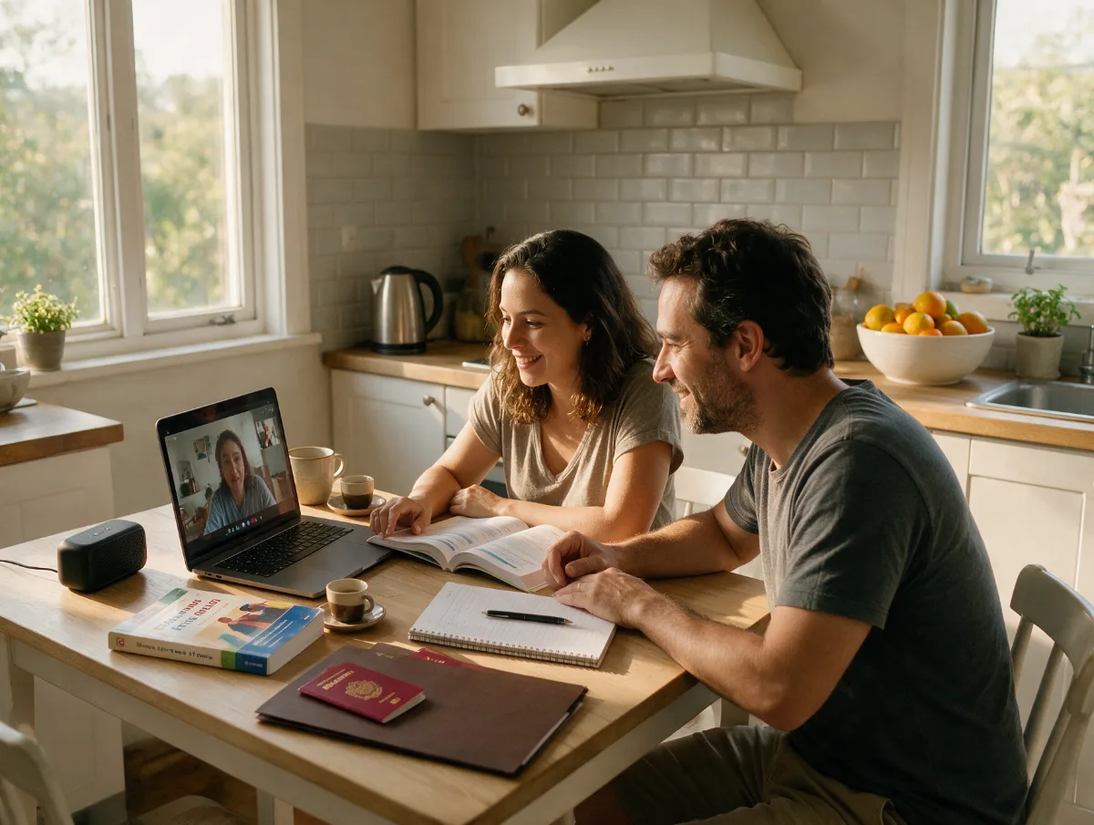 Casal estudando francês para o exame de imigração