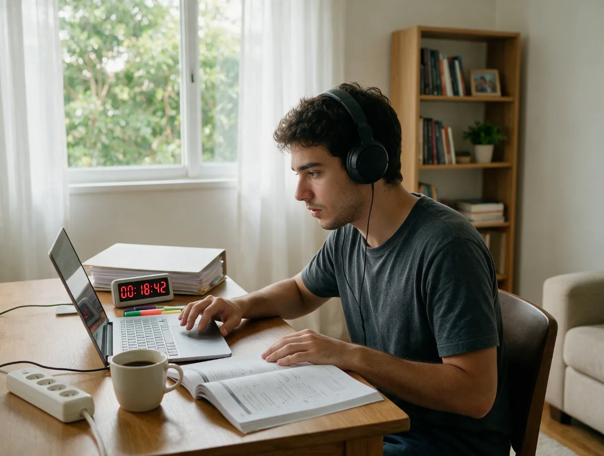 Aluno praticando listening para o TOEFL